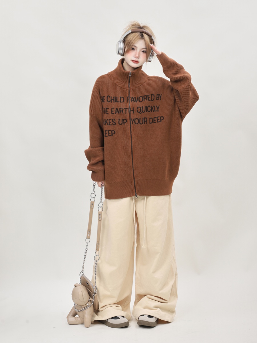 Retro High-Neck Black Knitted Cardigan for Women - Loose Slimming Sweater Coat, Autumn Winter Lazy Style Retro High-Neck Black Knitted Cardigan for Women - Loose Slimming Sweater Coat, Autumn Winter Lazy Style