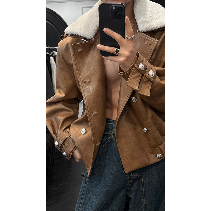 Retro High-Quality Leather Coat with Fur Collar, Versatile Button Closure Jacket for Autumn Winter Fashion
