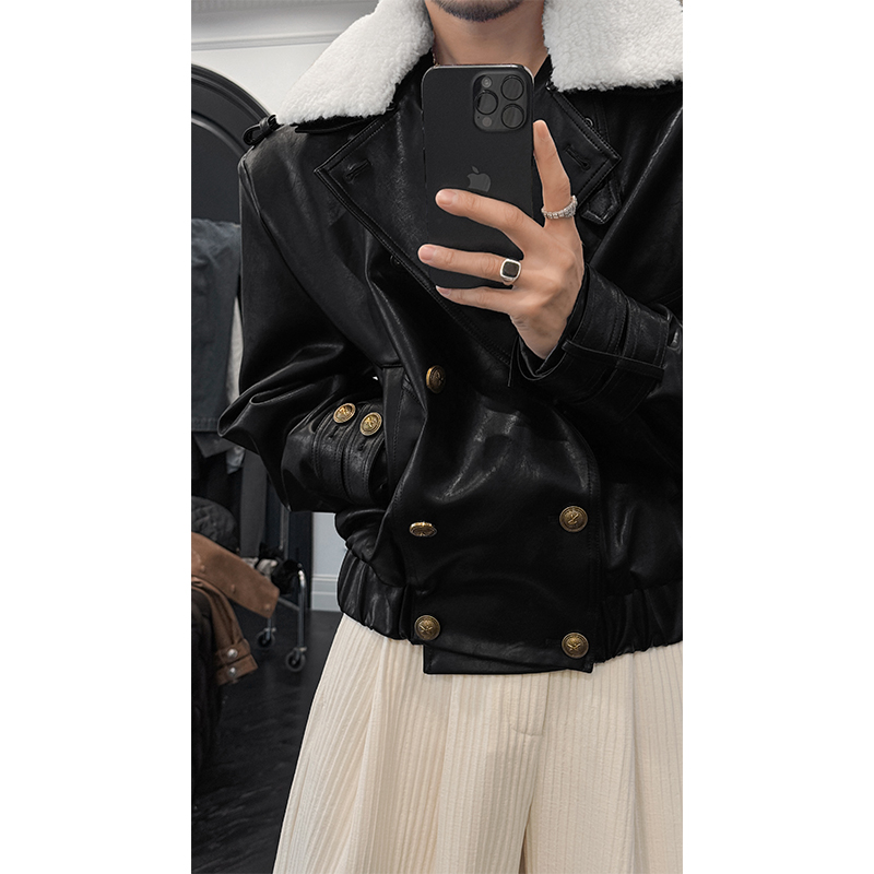 Retro High-Quality Leather Coat with Fur Collar, Versatile Button Closure Jacket for Autumn Winter Fashion Retro High-Quality Leather Coat with Fur Collar, Versatile Button Closure Jacket for Autumn Winter Fashion