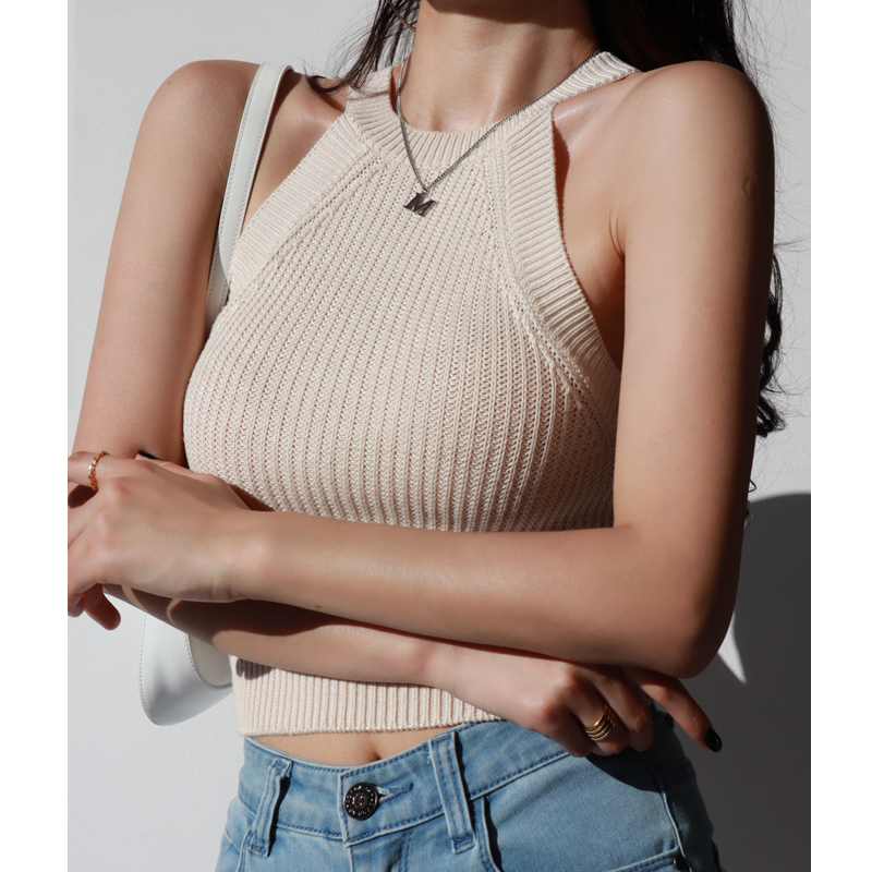 Retro High-Waisted Cropped Sleeveless Knitted Tank Top for All Seasons - Versatile Slim Fit for Y2K and 90s Style