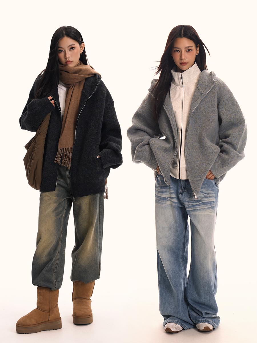 Retro Knitted Hoodie Sweater Jacket for Men and Women, Loose Fit, Trendy American Style, Casual BF Style, 90s Inspired Retro Knitted Hoodie Sweater Jacket for Men and Women, Loose Fit, Trendy American Style, Casual BF Style, 90s Inspired