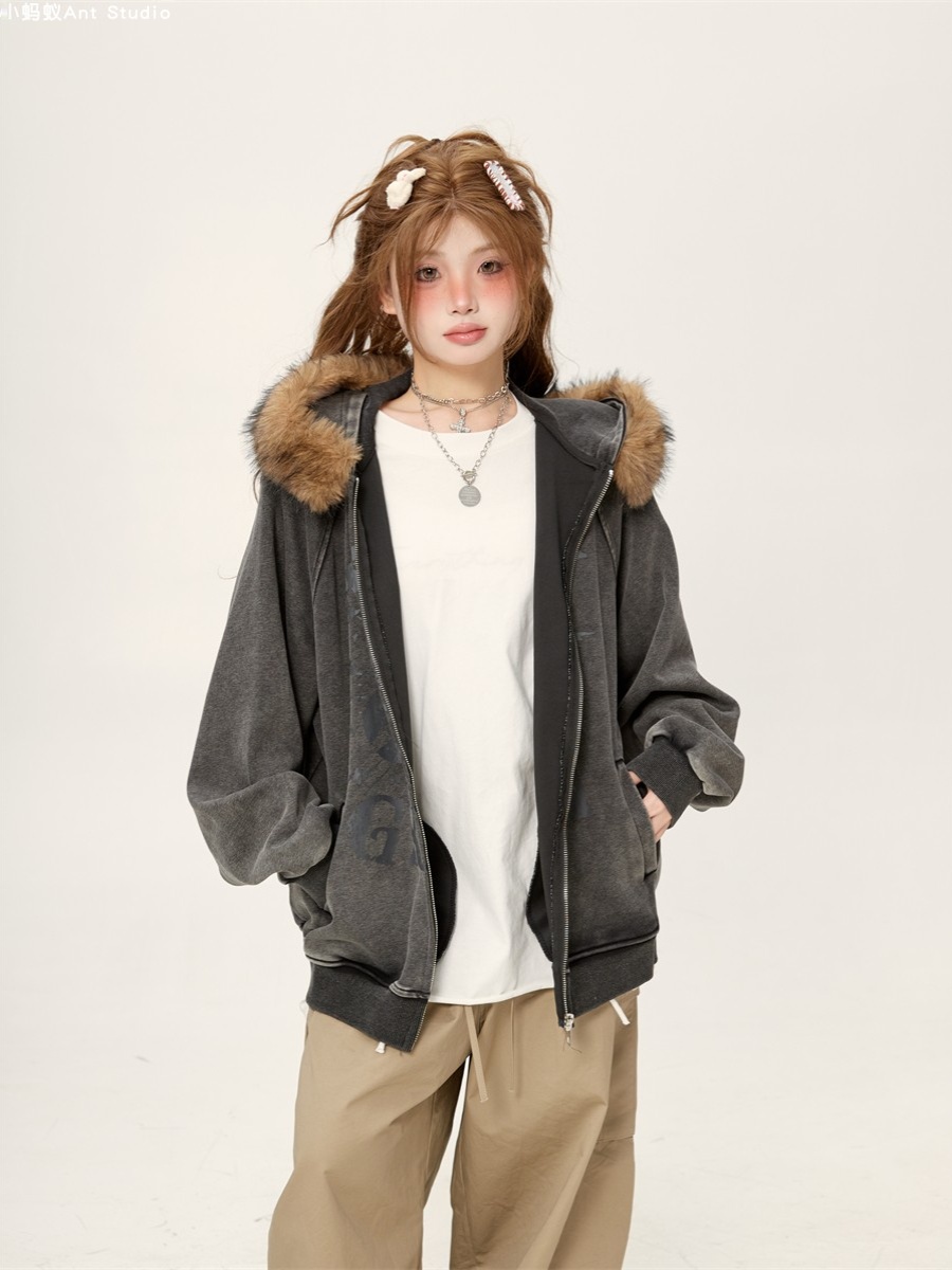 Retro Lazy Chic Loose Red Fur Collar Hooded Cardigan - 2025 Trendy American Style Jacket Retro Lazy Chic Loose Red Fur Collar Hooded Cardigan - 2025 Trendy American Style Jacket