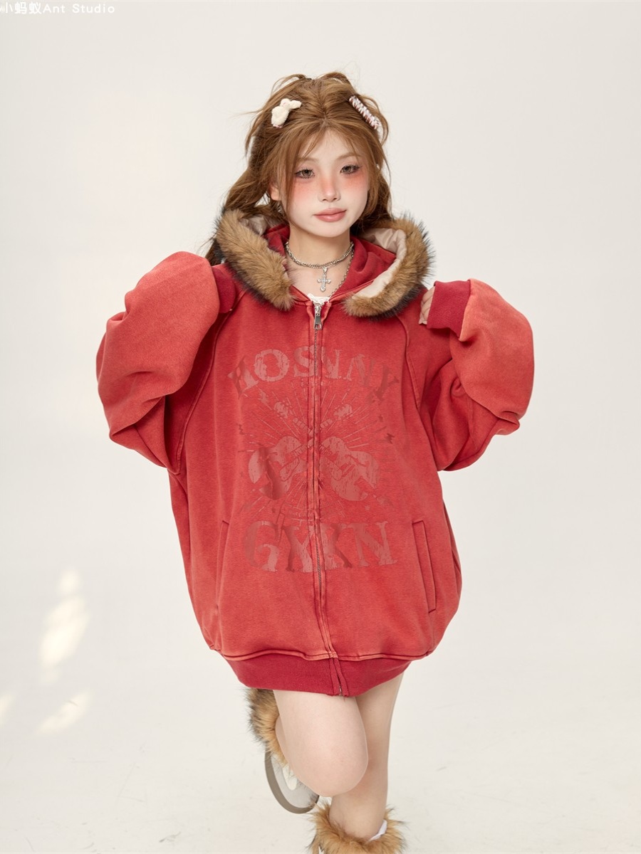 Retro Lazy Chic Loose Red Fur Collar Hooded Cardigan - 2025 Trendy American Style Jacket Retro Lazy Chic Loose Red Fur Collar Hooded Cardigan - 2025 Trendy American Style Jacket