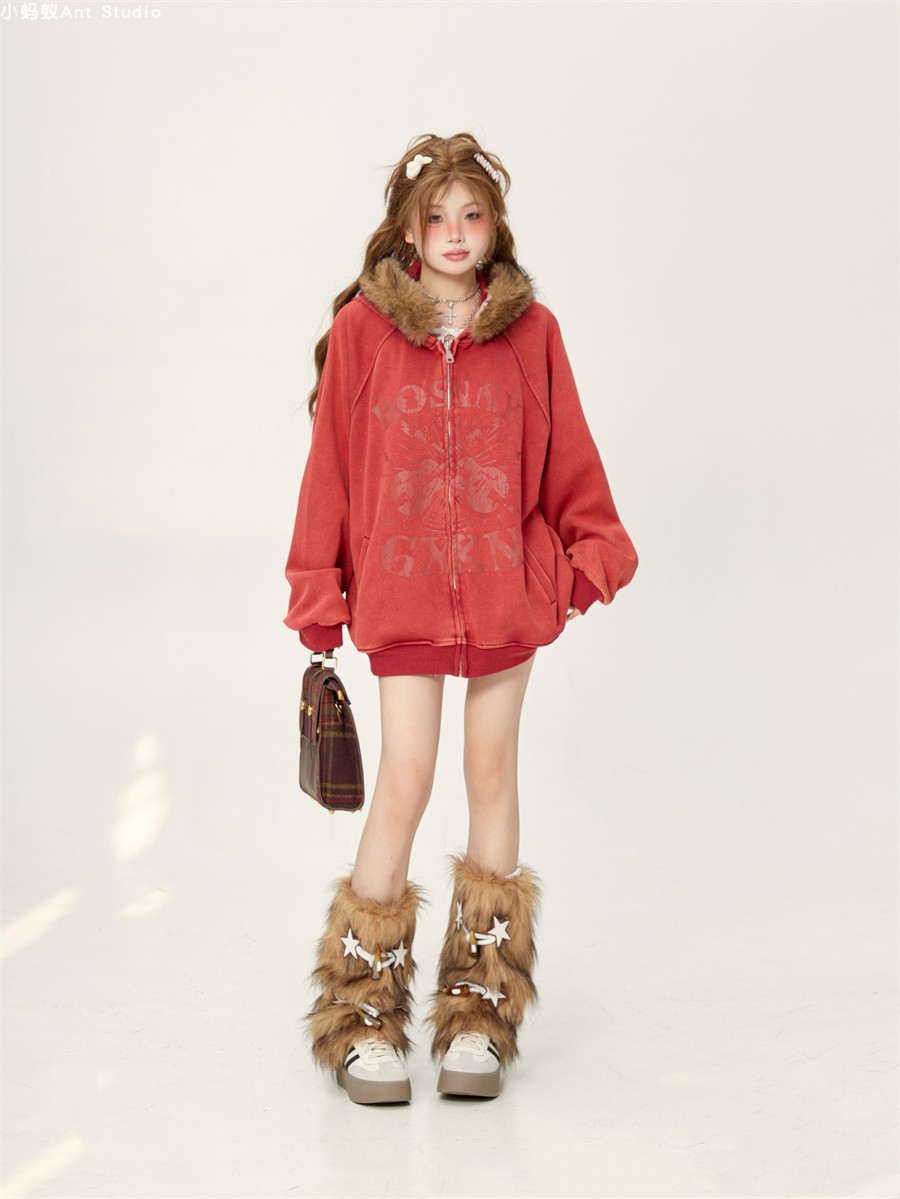 Retro Lazy Chic Loose Red Fur Collar Hooded Cardigan - 2025 Trendy American Style Jacket Retro Lazy Chic Loose Red Fur Collar Hooded Cardigan - 2025 Trendy American Style Jacket