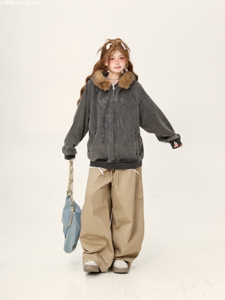 Retro Lazy Chic Loose Red Fur Collar Hooded Cardigan - 2025 Trendy American Style Jacket