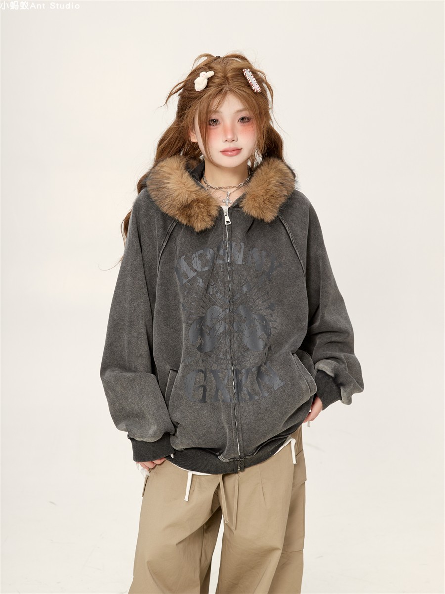 Retro Lazy Chic Loose Red Fur Collar Hooded Cardigan - 2025 Trendy American Style Jacket Retro Lazy Chic Loose Red Fur Collar Hooded Cardigan - 2025 Trendy American Style Jacket