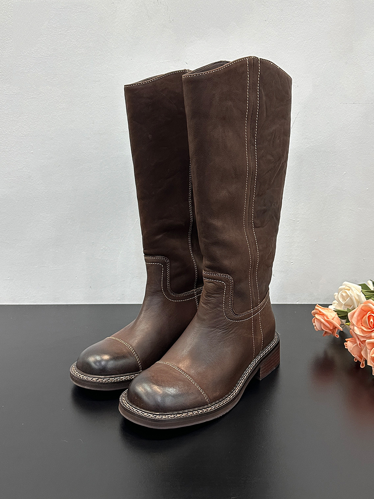 Retro Leather Long Boots for Women - 2025 Winter Fashion, Slimming Versatile Riding Boots with Thick Sole and Plush Design Retro Leather Long Boots for Women - 2025 Winter Fashion, Slimming Versatile Riding Boots with Thick Sole and Plush Design