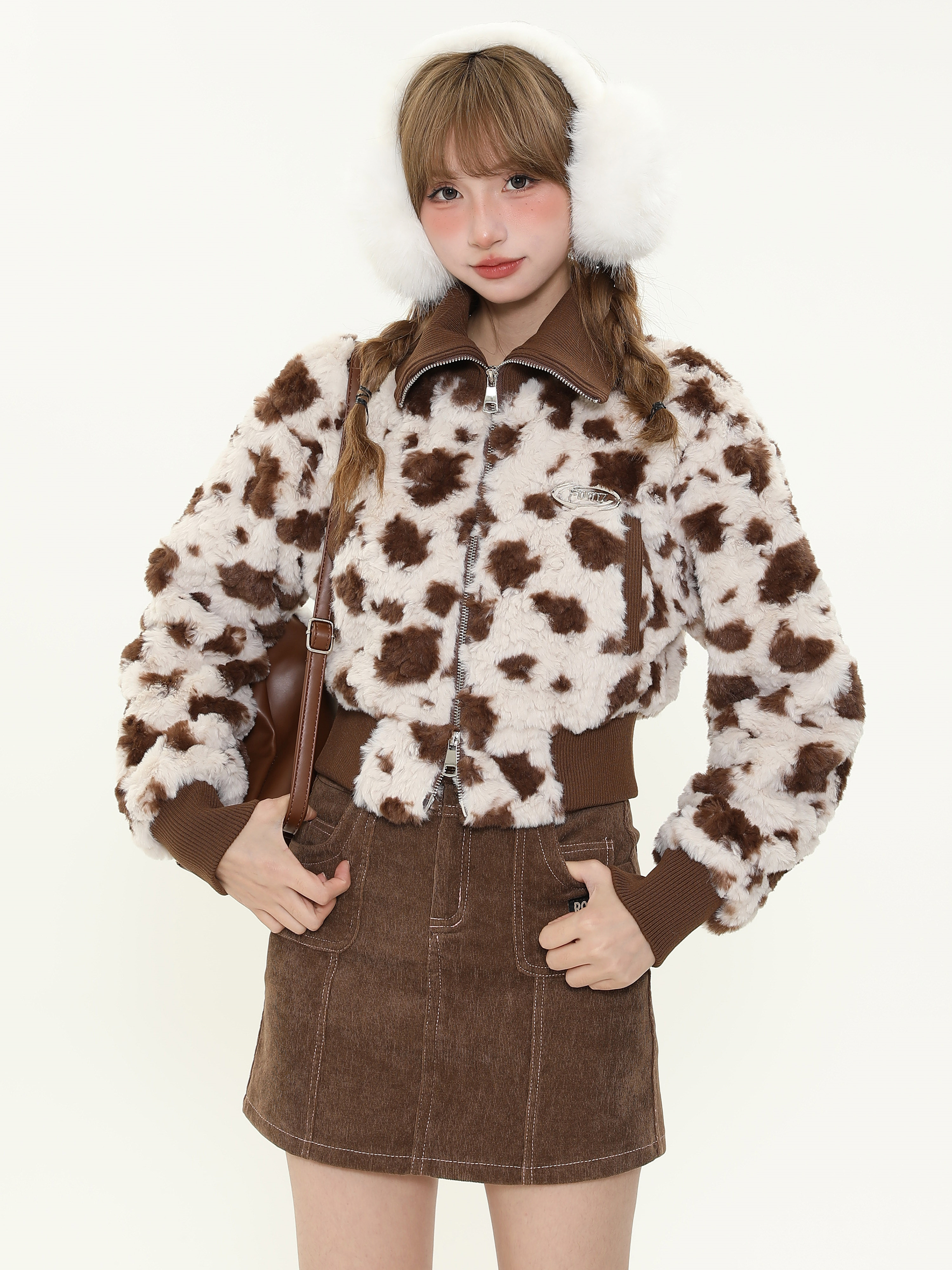 Retro Melange Brown Cow Print Spliced Short Cotton Jacket Women's Winter Warm Coat, Cozy Lamb Fleece, Y2K Fashion Style