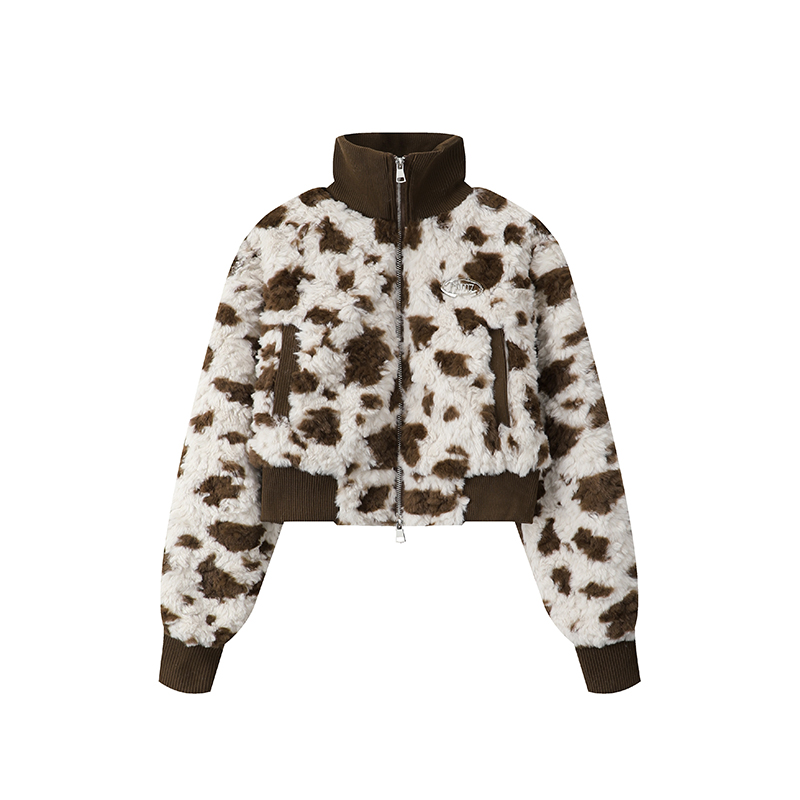 Retro Melange Brown Cow Print Spliced Short Cotton Jacket Women's Winter Warm Coat, Cozy Lamb Fleece, Y2K Fashion Style