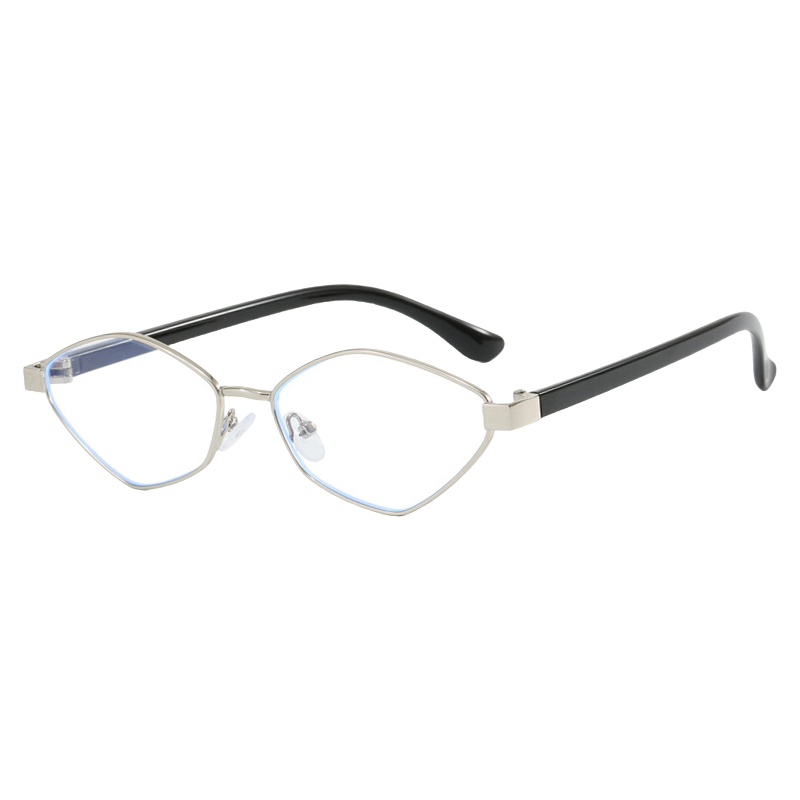 Retro Metallic Silver Cat-Eye Glasses with Blue Light Blocking Lenses - Old Money Style, Polygonal Design for 90s Aesthetic