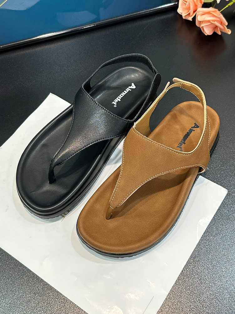 Retro Minimalist Genuine Leather Flip-Flops for Women, 2025 Summer Thick-Soled Casual Roman Sandals