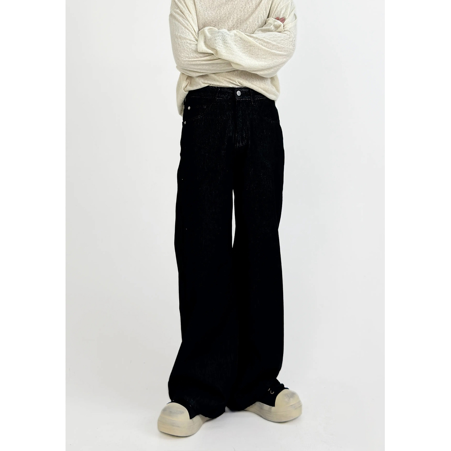 Retro Minimalist Wide-Leg Dark Denim Pants for Men - Loose Floor-Length Straight-Leg Versatile Trousers, Y2K Style
