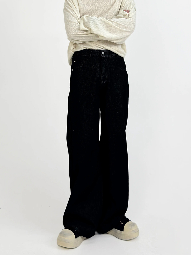 Retro Minimalist Wide-Leg Dark Denim Pants for Men - Loose Floor-Length Straight-Leg Versatile Trousers, Y2K Style