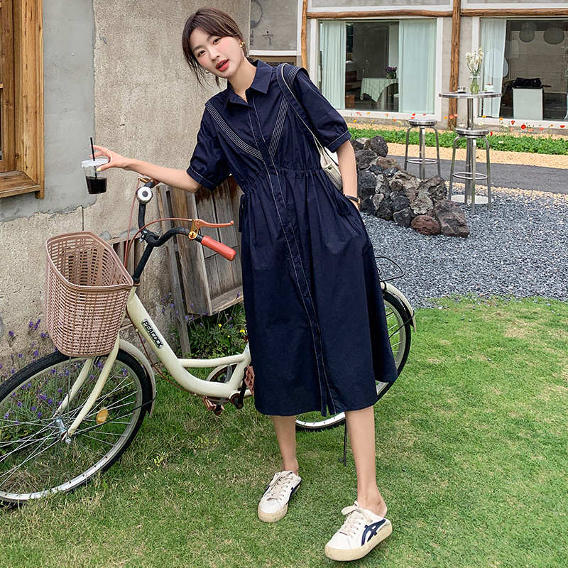 Retro Navy Collar Waist-Defining Mid-Length Dress for Women, Summer 2025 French Chic Style