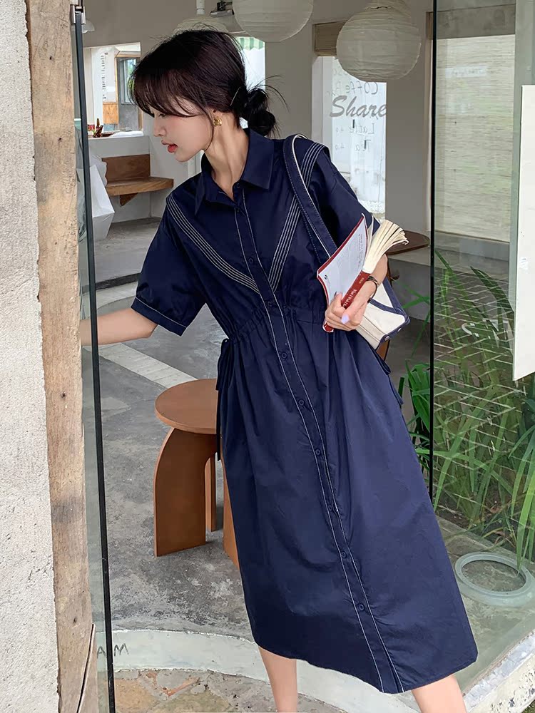 Retro Navy Collar Waist-Defining Mid-Length Dress for Women, Summer 2025 French Chic Style Retro Navy Collar Waist-Defining Mid-Length Dress for Women, Summer 2025 French Chic Style