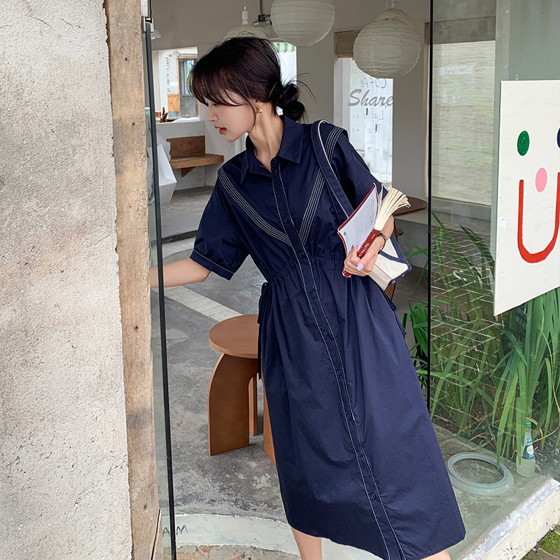 Retro Navy Collar Waist-Defining Mid-Length Dress for Women, Summer 2025 French Chic Style Retro Navy Collar Waist-Defining Mid-Length Dress for Women, Summer 2025 French Chic Style