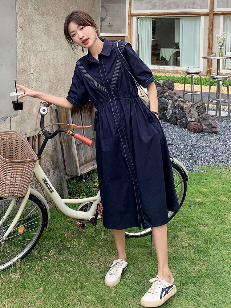 Retro Navy Collar Waist-Defining Mid-Length Dress for Women, Summer 2025 French Chic Style