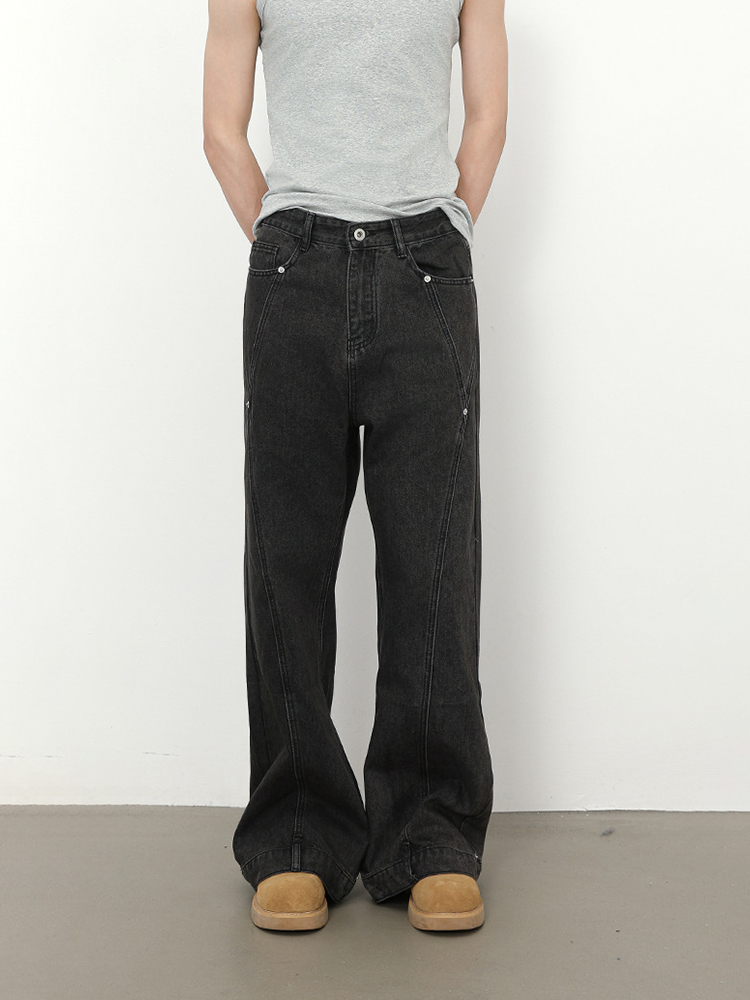 Retro Patchwork Beaded Denim Pants for Men - Loose Fit, Slightly Flared, High Street Style, 90s Inspired Fashion Retro Patchwork Beaded Denim Pants for Men - Loose Fit, Slightly Flared, High Street Style, 90s Inspired Fashion