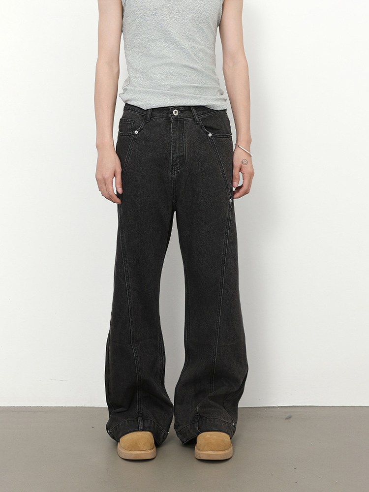 Retro Patchwork Beaded Denim Pants for Men - Loose Fit, Slightly Flared, High Street Style, 90s Inspired Fashion Retro Patchwork Beaded Denim Pants for Men - Loose Fit, Slightly Flared, High Street Style, 90s Inspired Fashion