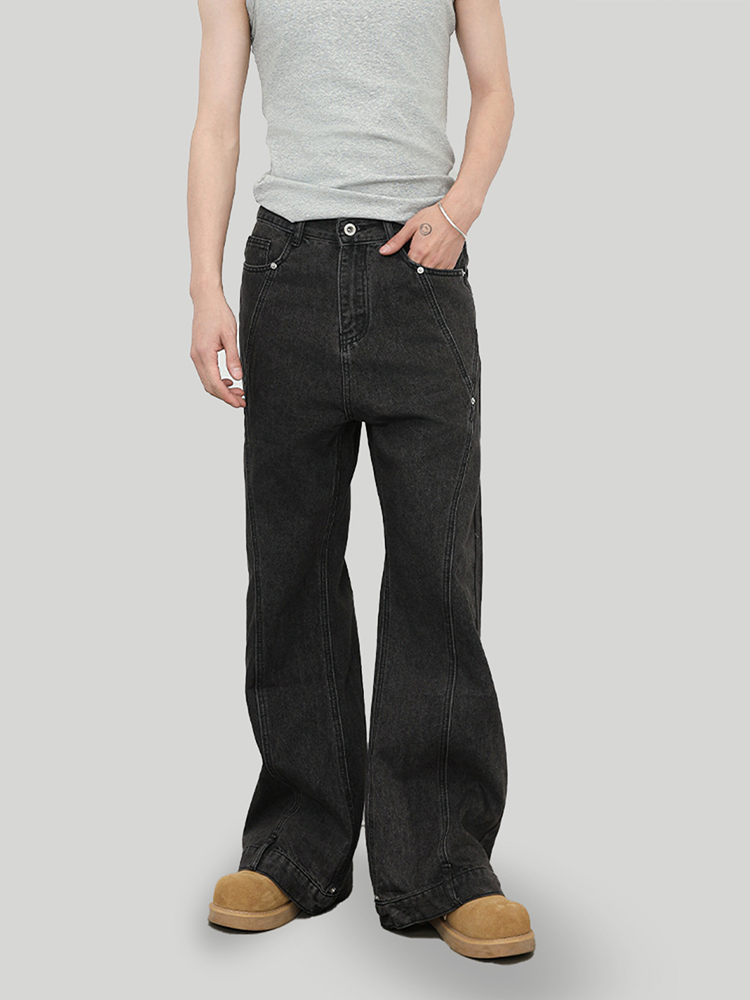 Retro Patchwork Beaded Denim Pants for Men - Loose Fit, Slightly Flared, High Street Style, 90s Inspired Fashion