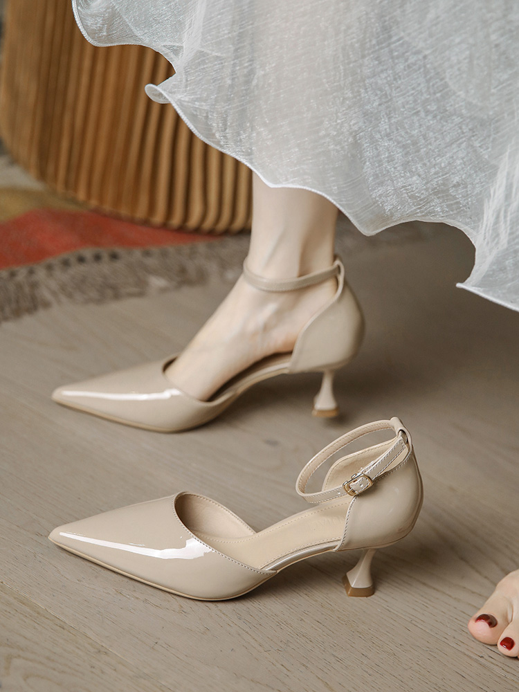 Retro Patent Leather Pointed Toe High Heels for Women - Thin Heel, Milk Tea Color, Minimalist Style, Perfect for Skirts and Dresses Retro Patent Leather Pointed Toe High Heels for Women - Thin Heel, Milk Tea Color, Minimalist Style, Perfect for Skirts and Dresses