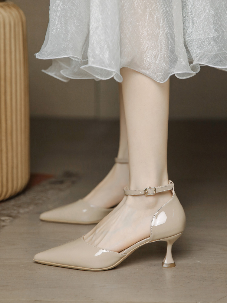 Retro Patent Leather Pointed Toe High Heels for Women - Thin Heel, Milk Tea Color, Minimalist Style, Perfect for Skirts and Dresses