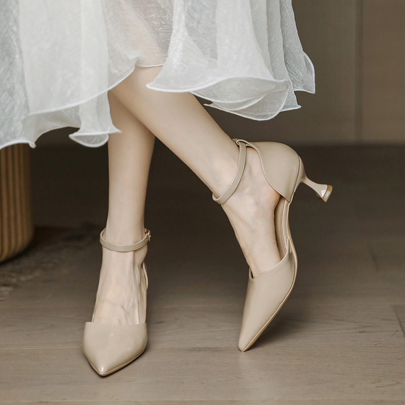 Retro Patent Leather Pointed Toe High Heels for Women - Thin Heel, Milk Tea Color, Minimalist Style, Perfect for Skirts and Dresses