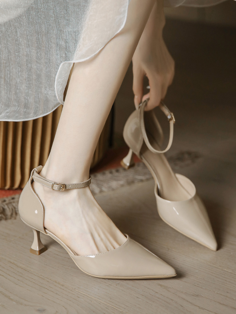 Retro Patent Leather Pointed Toe High Heels for Women - Thin Heel, Milk Tea Color, Minimalist Style, Perfect for Skirts and Dresses Retro Patent Leather Pointed Toe High Heels for Women - Thin Heel, Milk Tea Color, Minimalist Style, Perfect for Skirts and Dresses