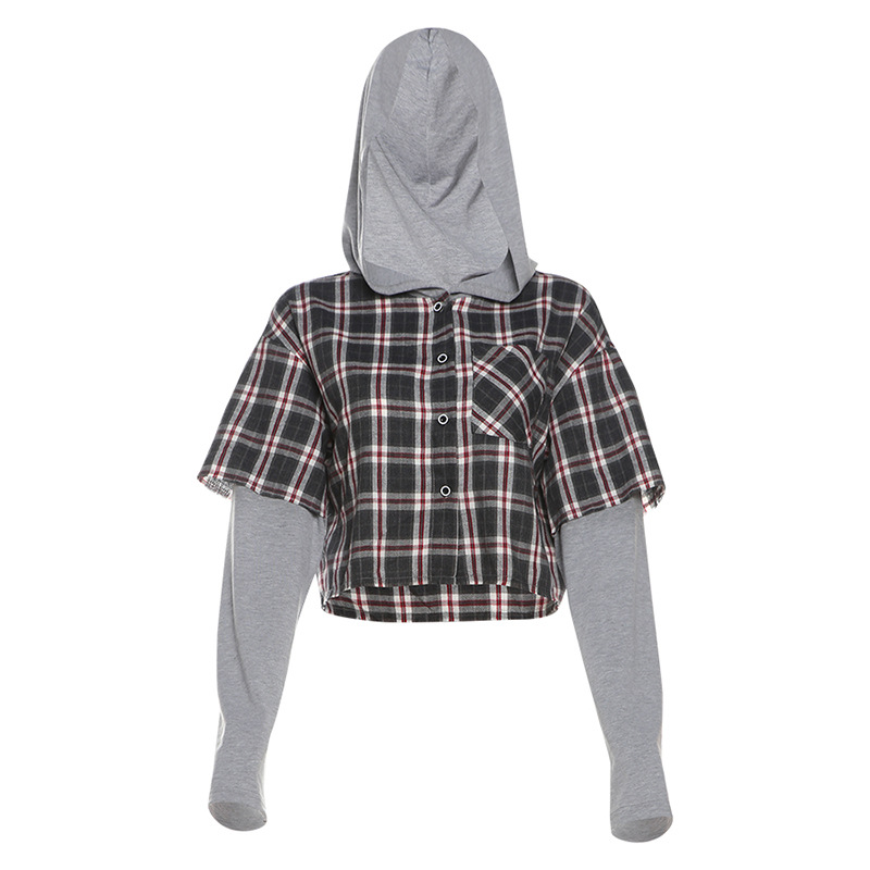 Retro Plaid Patchwork Hooded Short Shirt Jacket and Gray Straight-Leg Sports Pants Set for Women - Y2K Inspired Fashion