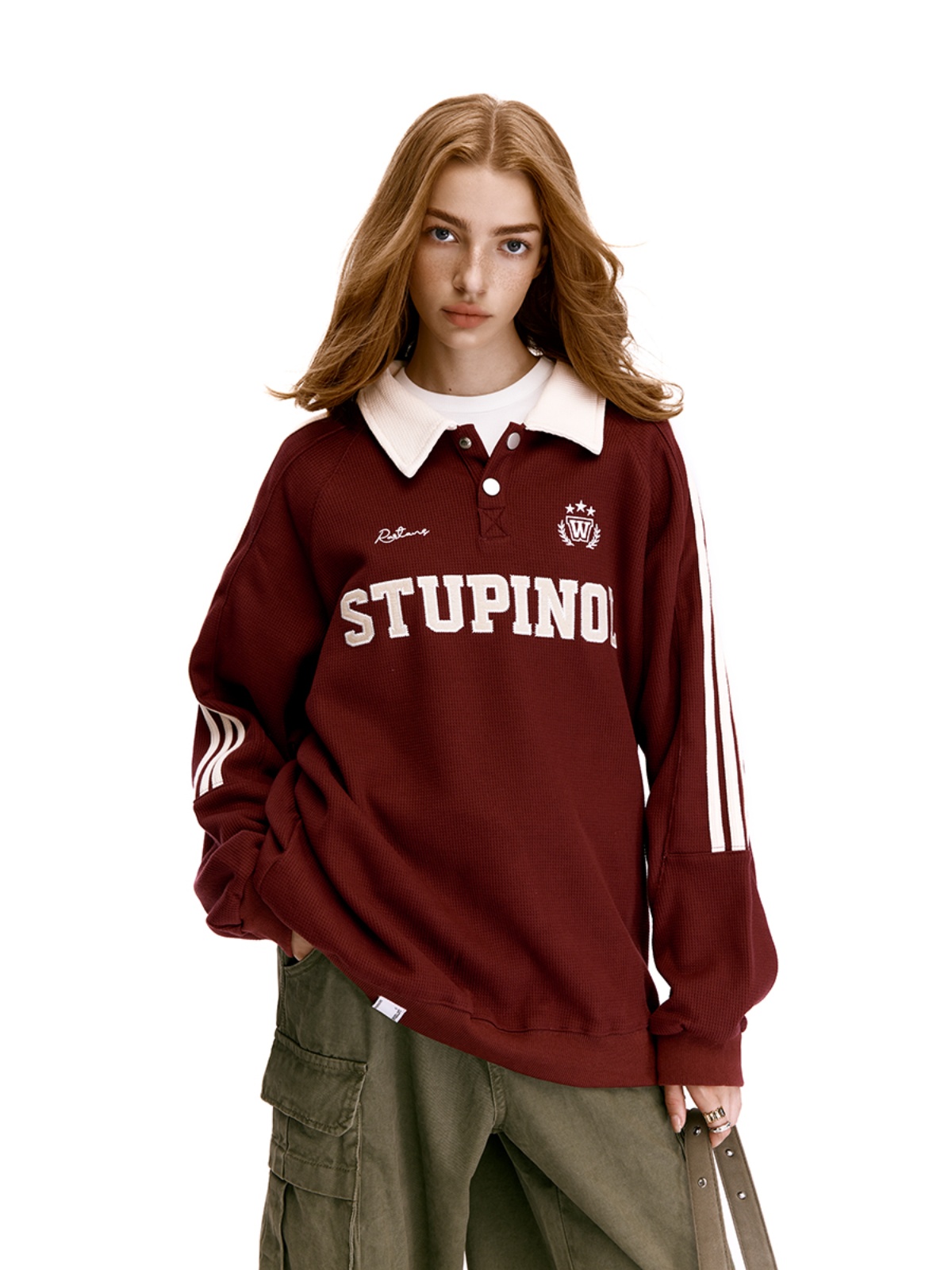 Retro Polo Collar Waffle Sports Jersey Sweatshirt for Men and Women - Loose American Striped Top in Y2K Style