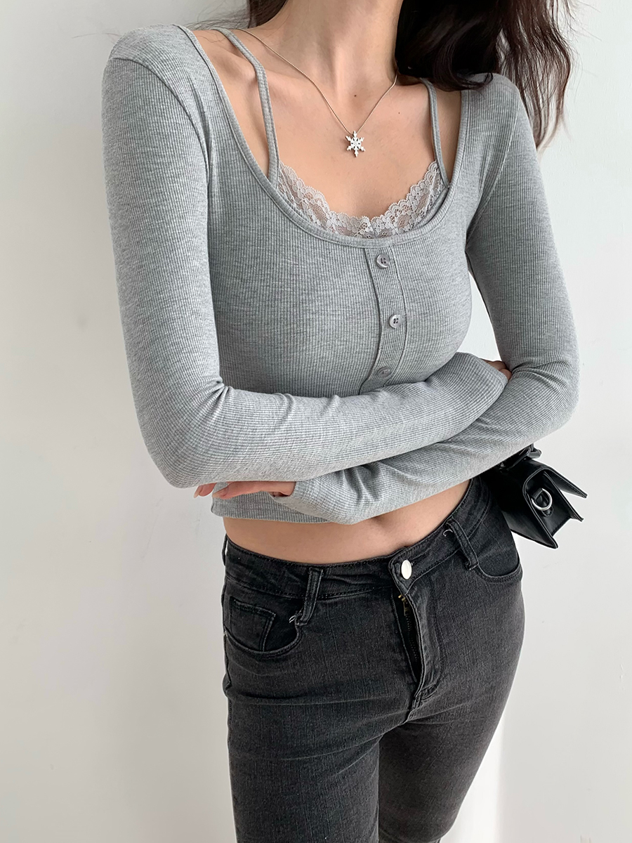 Retro Pure Desire Slim Fit Long Sleeve T-Shirt with Lace Trim - Fake Two-Piece Knit Top for Y2K and 90s Style Retro Pure Desire Slim Fit Long Sleeve T-Shirt with Lace Trim - Fake Two-Piece Knit Top for Y2K and 90s Style