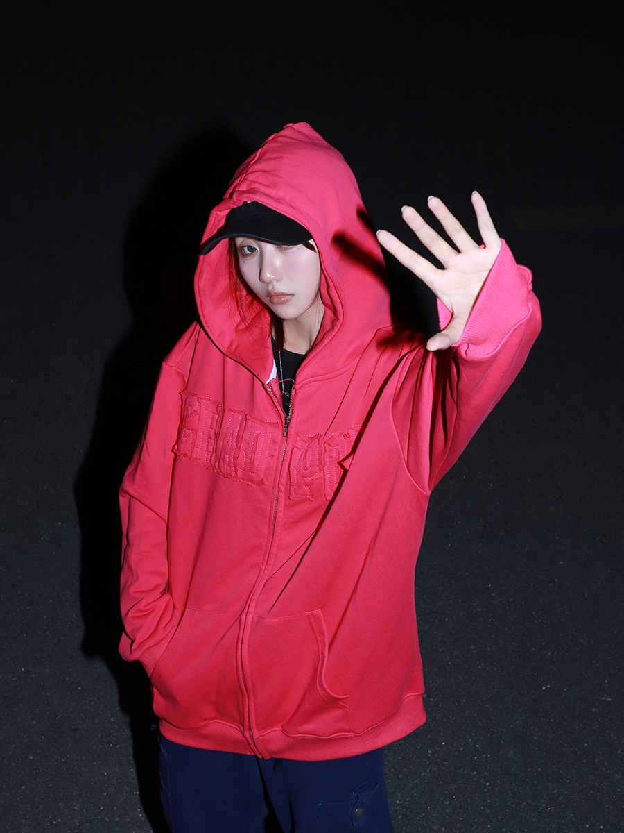 Retro Rose Red Cardigan Sweatshirt for Women, Hip-Hop Style with Patch Embroidery and Zipper, Loose Fit for Spring and Autumn Retro Rose Red Cardigan Sweatshirt for Women, Hip-Hop Style with Patch Embroidery and Zipper, Loose Fit for Spring and Autumn