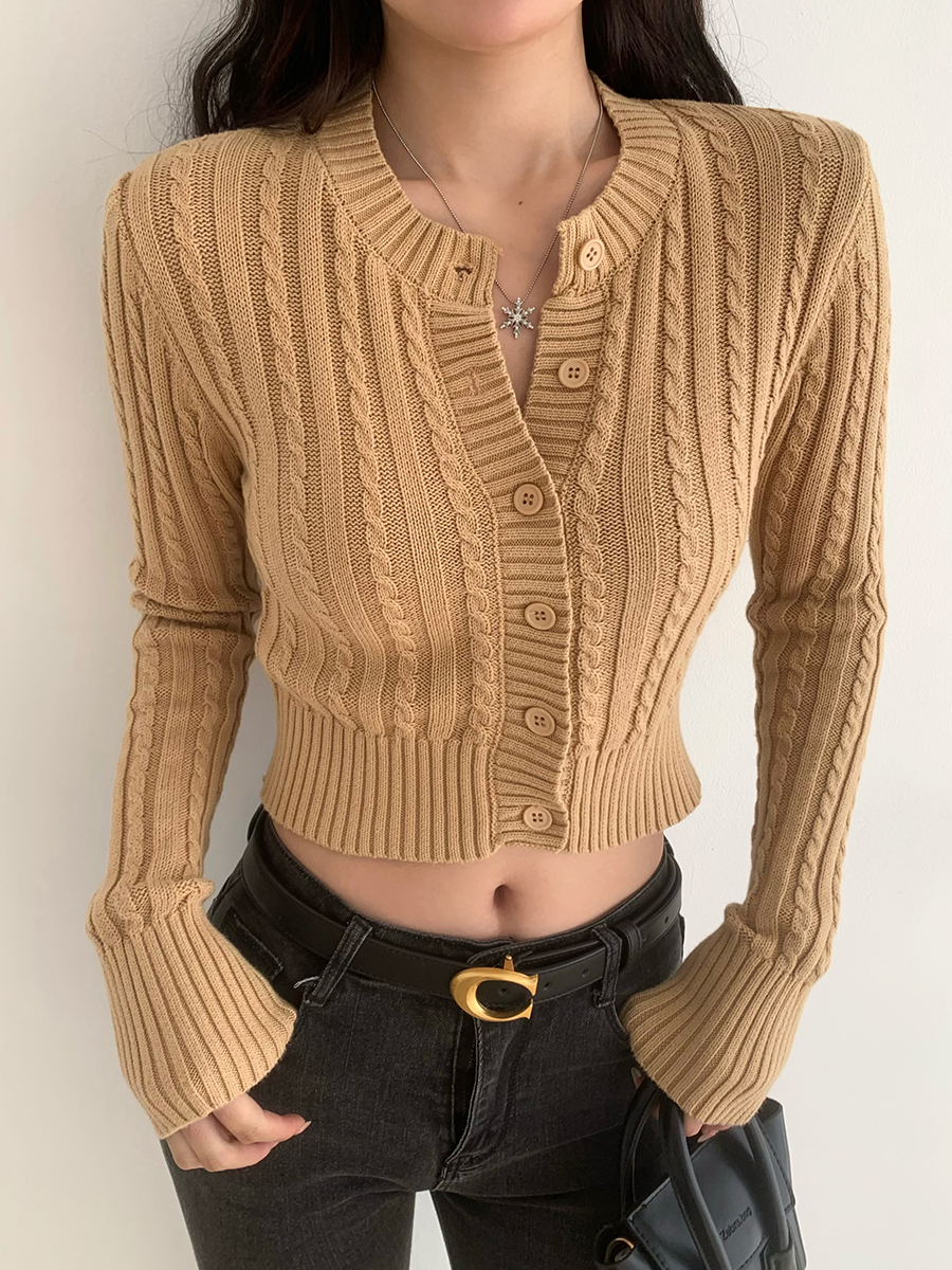 Retro Round Neck Cable Knit Cardigan for Women - Slim Fit Short Buttoned Sweater, Long Sleeve European and American Style Retro Round Neck Cable Knit Cardigan for Women - Slim Fit Short Buttoned Sweater, Long Sleeve European and American Style