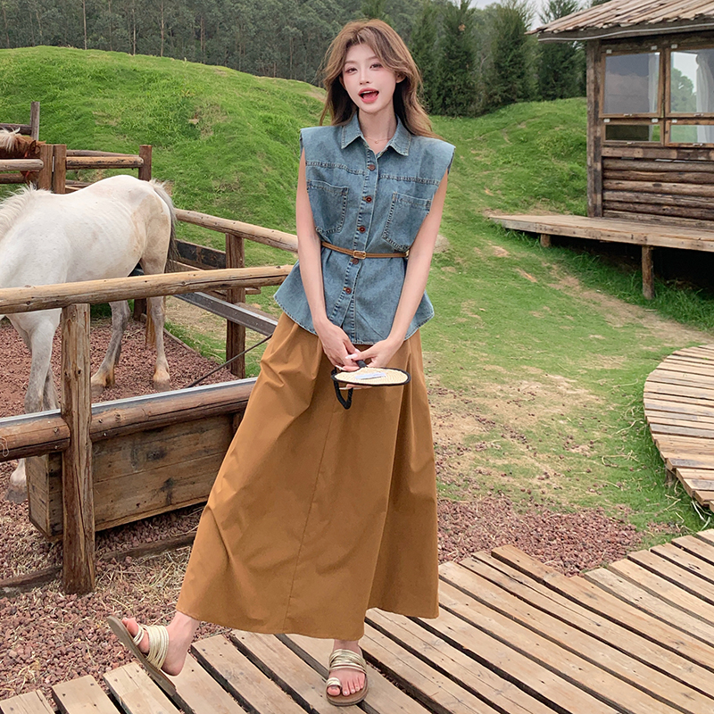Retro Sleeveless Denim Vest and Casual Long Skirt Two-Piece Set for Women - Summer 2025 Y2K Fashion Outfit