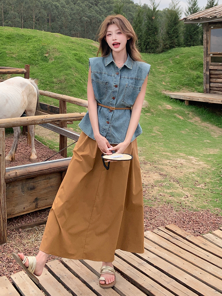 Retro Sleeveless Denim Vest and Casual Long Skirt Two-Piece Set for Women - Summer 2025 Y2K Fashion Outfit