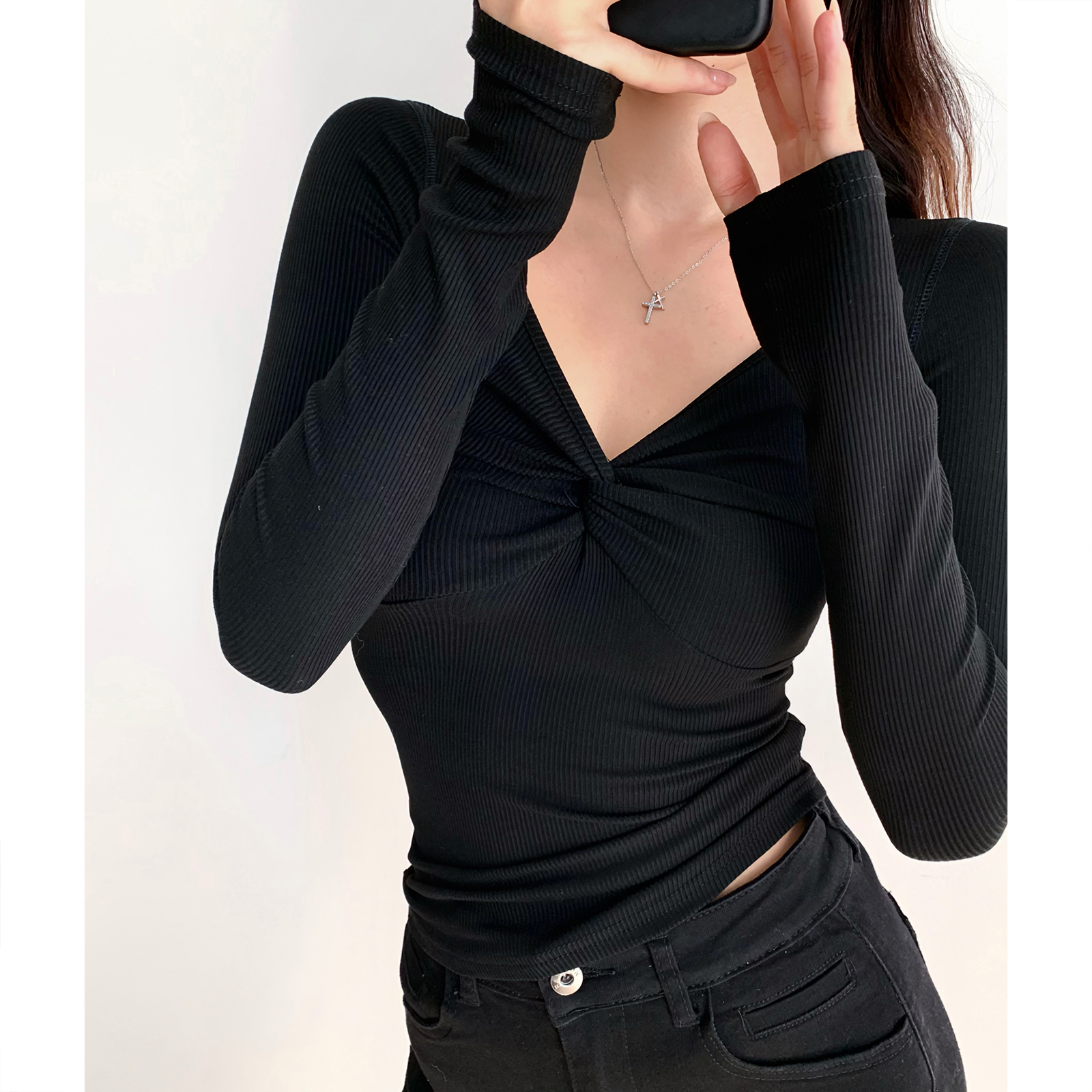 Retro Slimming Long Sleeve V-Neck Cross Twist Ribbed T-Shirt - Sexy Basic Top for 90s and Y2K Fashion Lovers