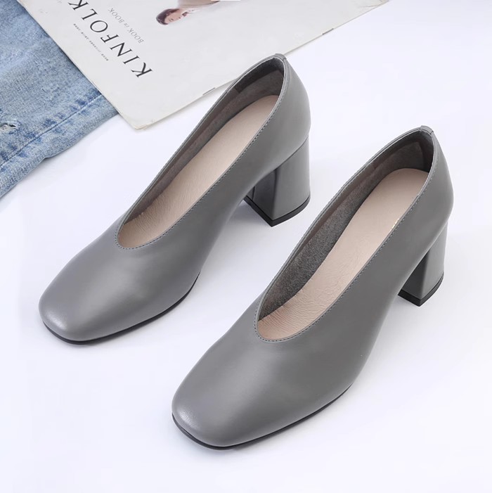 Retro Soft Leather High Heels for Women - 2025 Spring Square Toe Chunky Heels, Elegant Grandma Style, Comfortable Evening Shoes