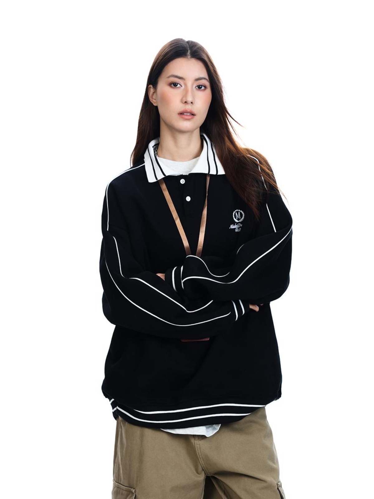 Retro Sports Style Polo Collar Sweatshirt for Men and Women, Loose Fit American Casual College Style High Jacket