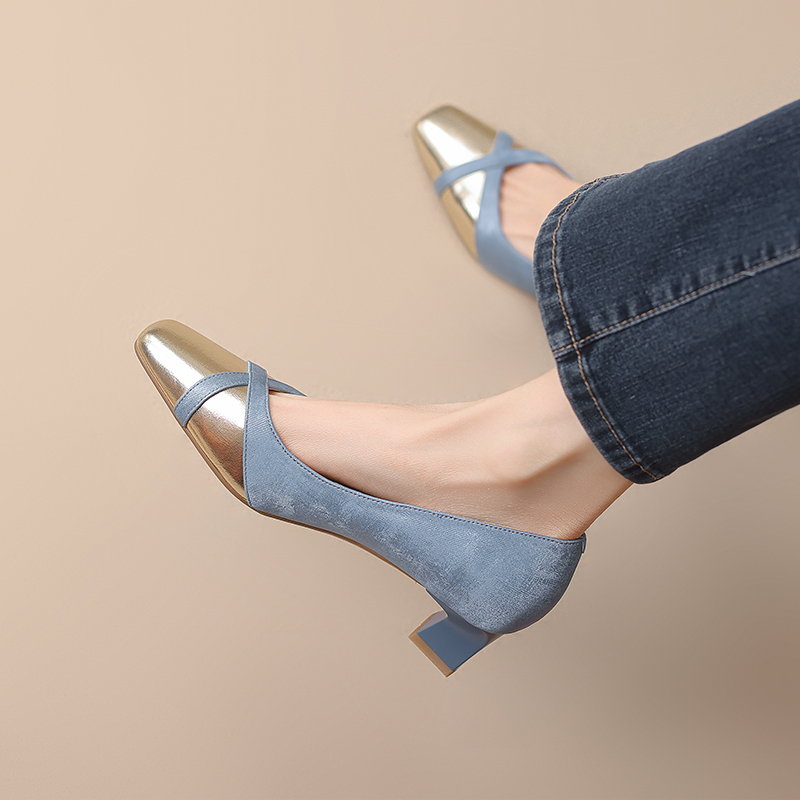 Retro Square-Toe Chunky-Heeled Color-Blocked Genuine Leather Women's Shoes - French-Inspired Grandma Style Retro Square-Toe Chunky-Heeled Color-Blocked Genuine Leather Women's Shoes - French-Inspired Grandma Style