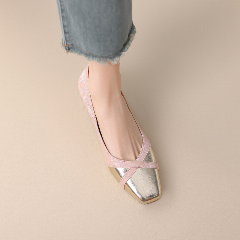 Retro Square-Toe Chunky-Heeled Color-Blocked Genuine Leather Women's Shoes - French-Inspired Grandma Style