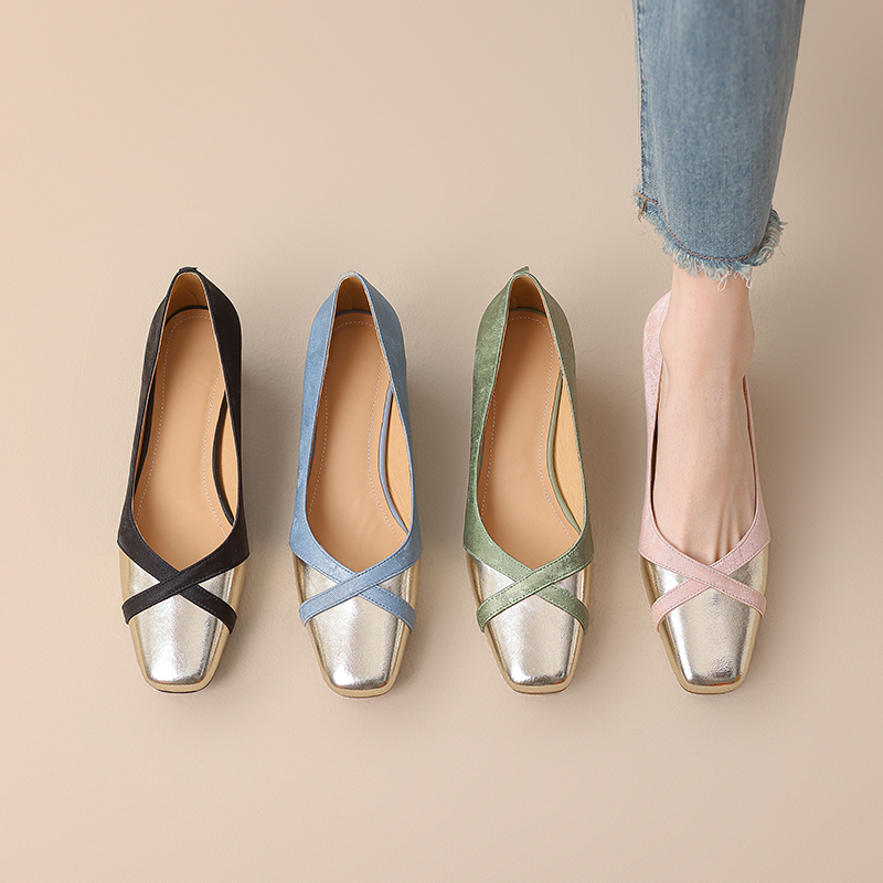 Retro Square-Toe Chunky-Heeled Color-Blocked Genuine Leather Women's Shoes - French-Inspired Grandma Style