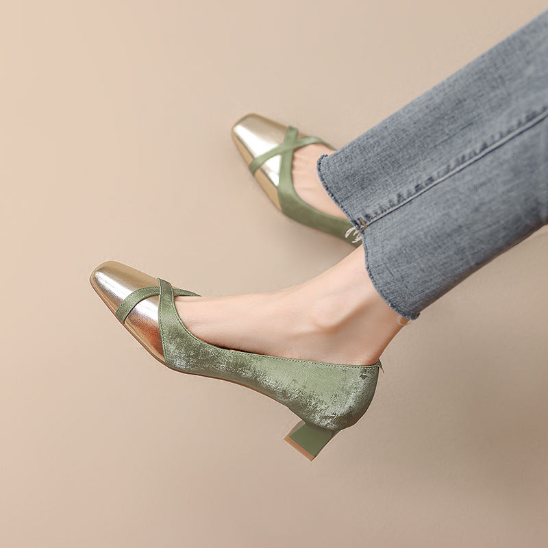 Retro Square-Toe Chunky-Heeled Color-Blocked Genuine Leather Women's Shoes - French-Inspired Grandma Style Retro Square-Toe Chunky-Heeled Color-Blocked Genuine Leather Women's Shoes - French-Inspired Grandma Style