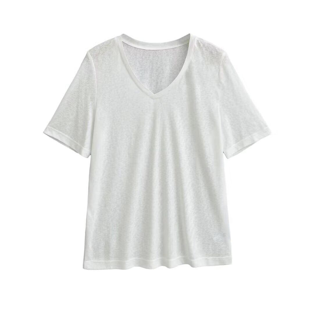 Retro Style Women's White V-Neck T-Shirt - Short Sleeve Slim Fit for Summer, Jazz Street Dance Fashion