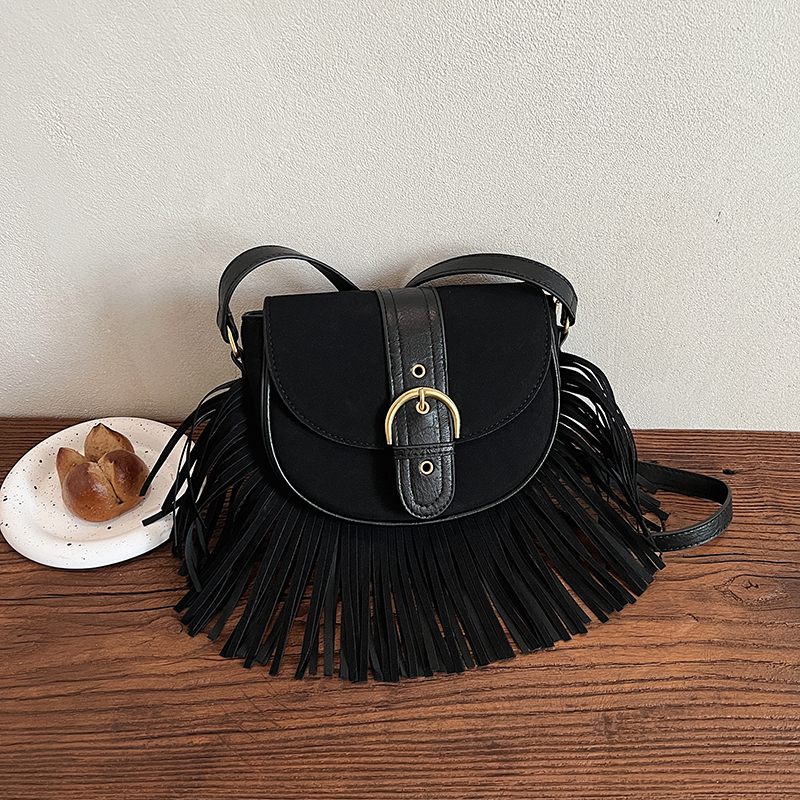 Retro Suede Leather Tassel Crossbody Bag for Women - Trendy 2025 Korean Style Saddle Shoulder Bag for Commuters Retro Suede Leather Tassel Crossbody Bag for Women - Trendy 2025 Korean Style Saddle Shoulder Bag for Commuters