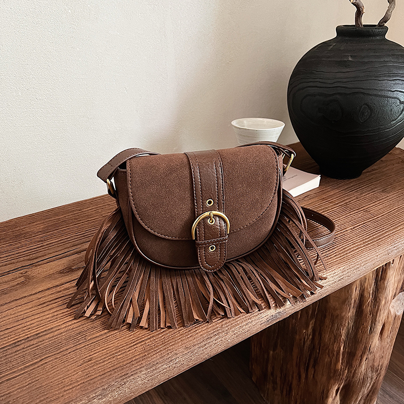 Retro Suede Leather Tassel Crossbody Bag for Women - Trendy 2025 Korean Style Saddle Shoulder Bag for Commuters Retro Suede Leather Tassel Crossbody Bag for Women - Trendy 2025 Korean Style Saddle Shoulder Bag for Commuters