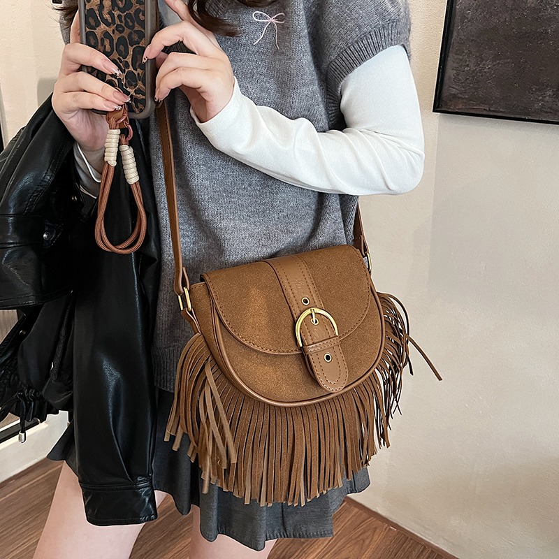 Retro Suede Leather Tassel Crossbody Bag for Women - Trendy 2025 Korean Style Saddle Shoulder Bag for Commuters Retro Suede Leather Tassel Crossbody Bag for Women - Trendy 2025 Korean Style Saddle Shoulder Bag for Commuters