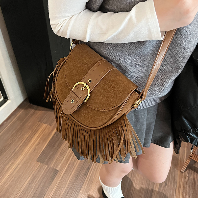 Retro Suede Leather Tassel Crossbody Bag for Women - Trendy 2025 Korean Style Saddle Shoulder Bag for Commuters Retro Suede Leather Tassel Crossbody Bag for Women - Trendy 2025 Korean Style Saddle Shoulder Bag for Commuters
