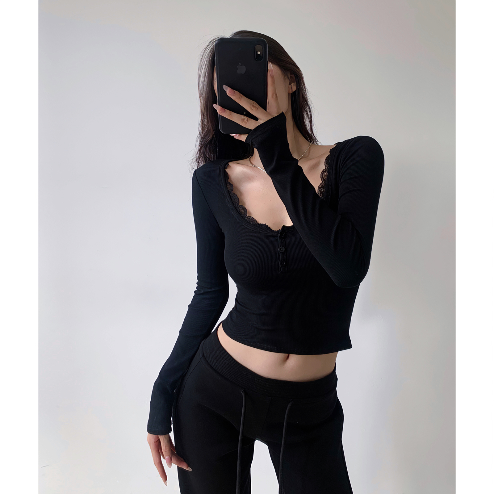 Retro V-neck Lace Ribbed Long Sleeve T-shirt Top - Slim Fit Stretch Fashion for Y2K and 90s Style Lovers