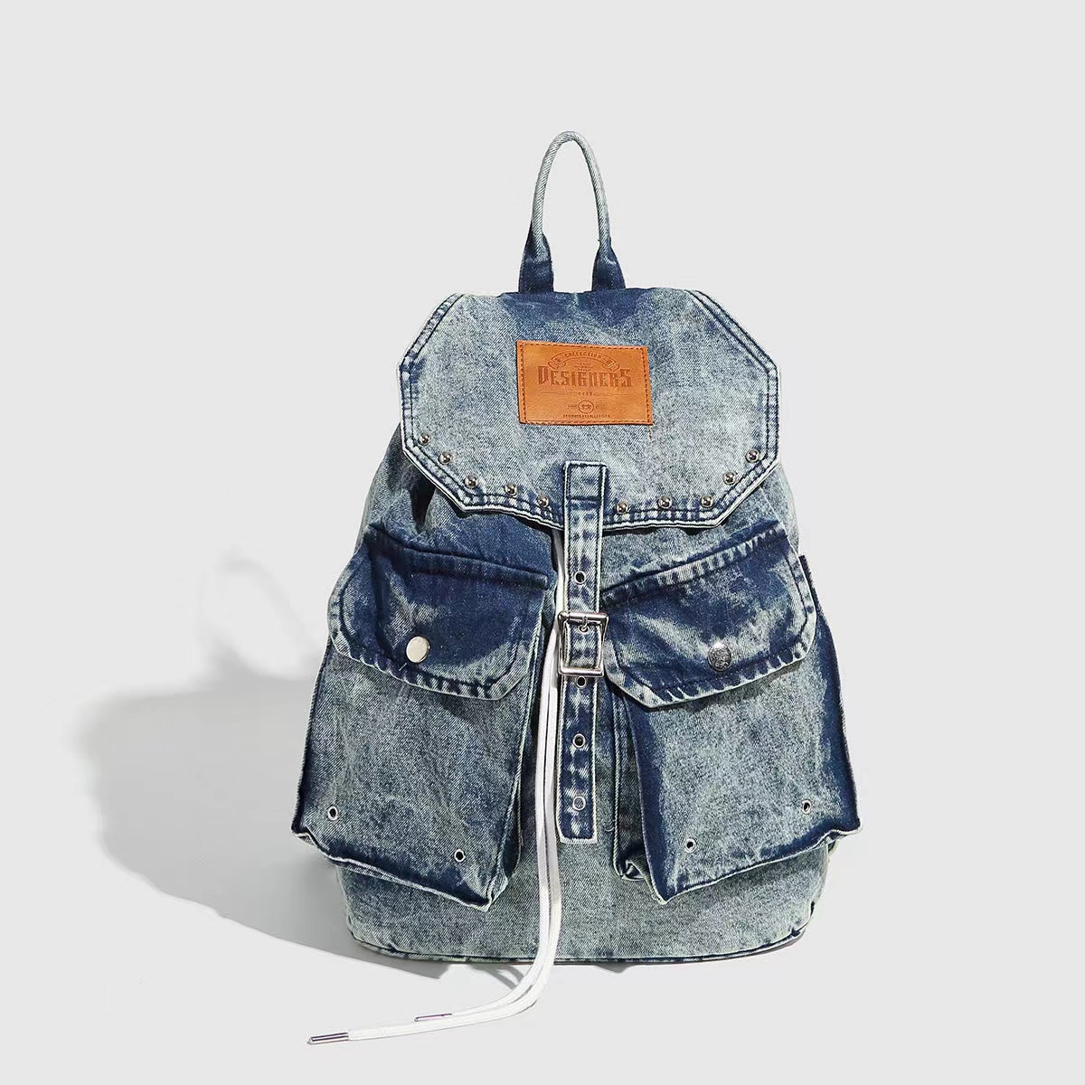 Retro Washed Denim Backpack with Double Pockets and Drawstring - Stylish Versatile Large-Capacity Student Bag