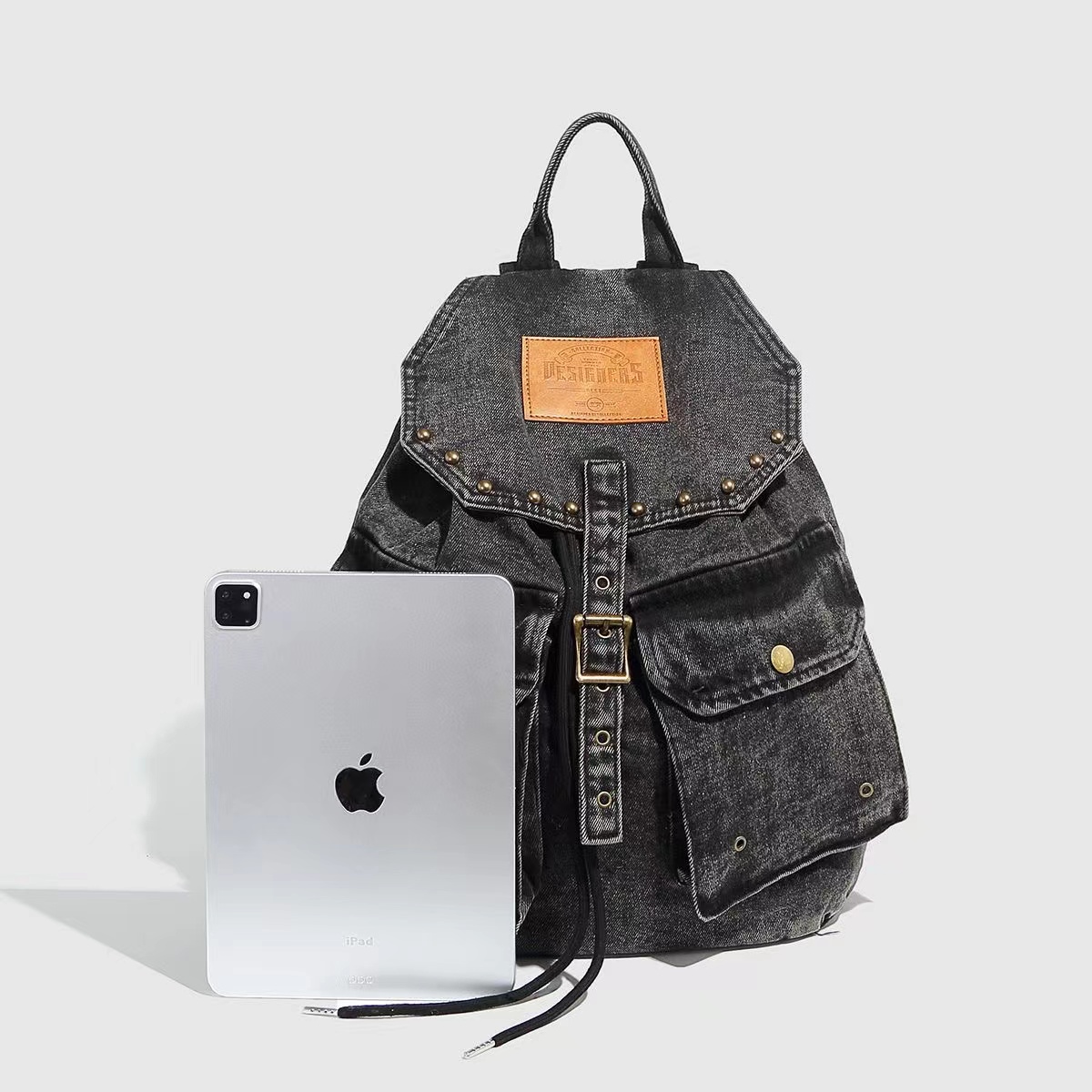 Retro Washed Denim Backpack with Double Pockets and Drawstring - Stylish Versatile Large-Capacity Student Bag Retro Washed Denim Backpack with Double Pockets and Drawstring - Stylish Versatile Large-Capacity Student Bag